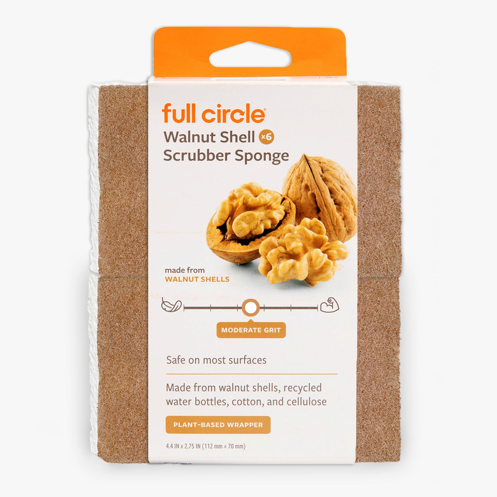 Full Circle Walnut and Cellulose Scrubber Sponges - Pack of 6 - Powerful, Non-Scratch Kitchen Sponges Made with Plant-Based Sustainable Materials