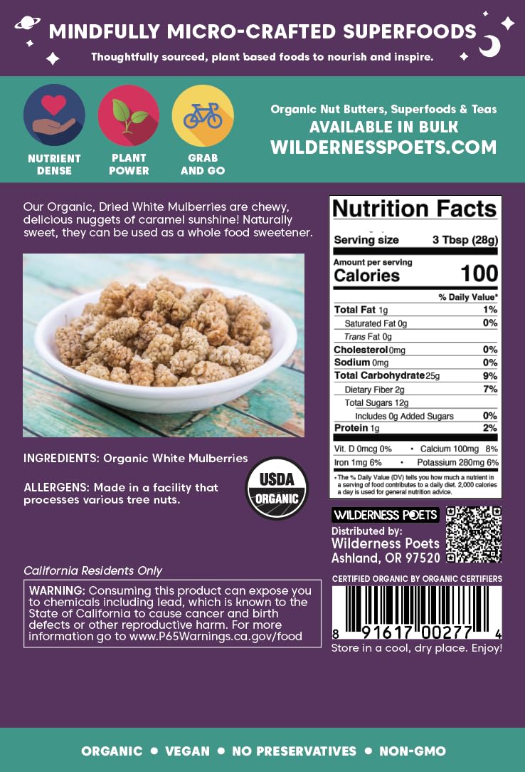 Wilderness Poets White Mulberries - Raw Organic Dried Mulberries, 8 oz (227 g)