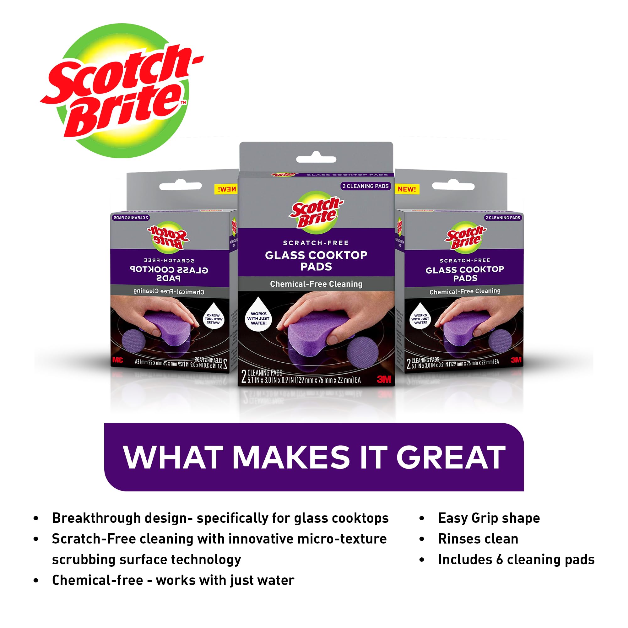 Scotch-Brite Glass Cooktop Pads, Scratch-Free & Non-Abrasive Scrubbers for Glass or Ceramic Stovetops, Cleans Burnt-On Messes with Just Water