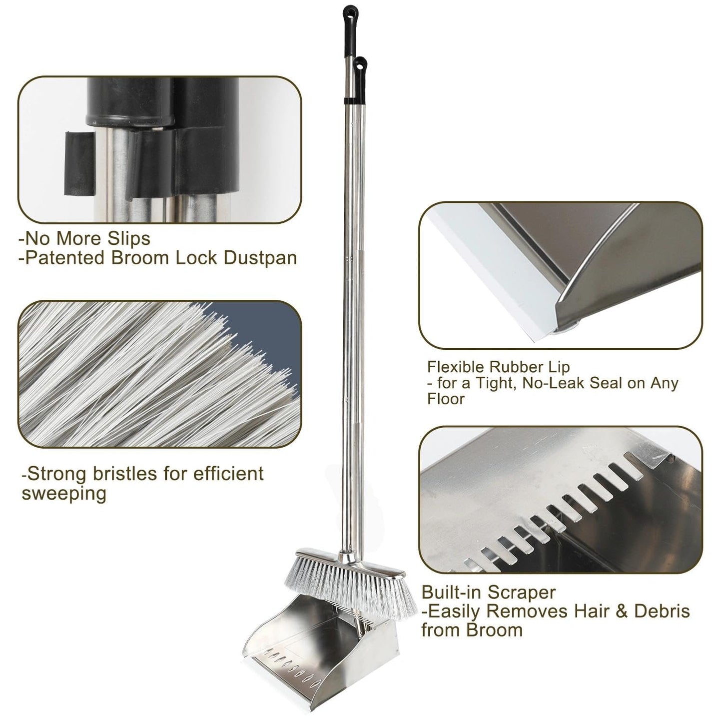 Metal Dustpan with Broom Set, Long Handle Stainless Steel Dustpan,Heavy Duty Standing Dust Pan with Teeth, Indoor Outdoor Up for Home Kitchen Lobby