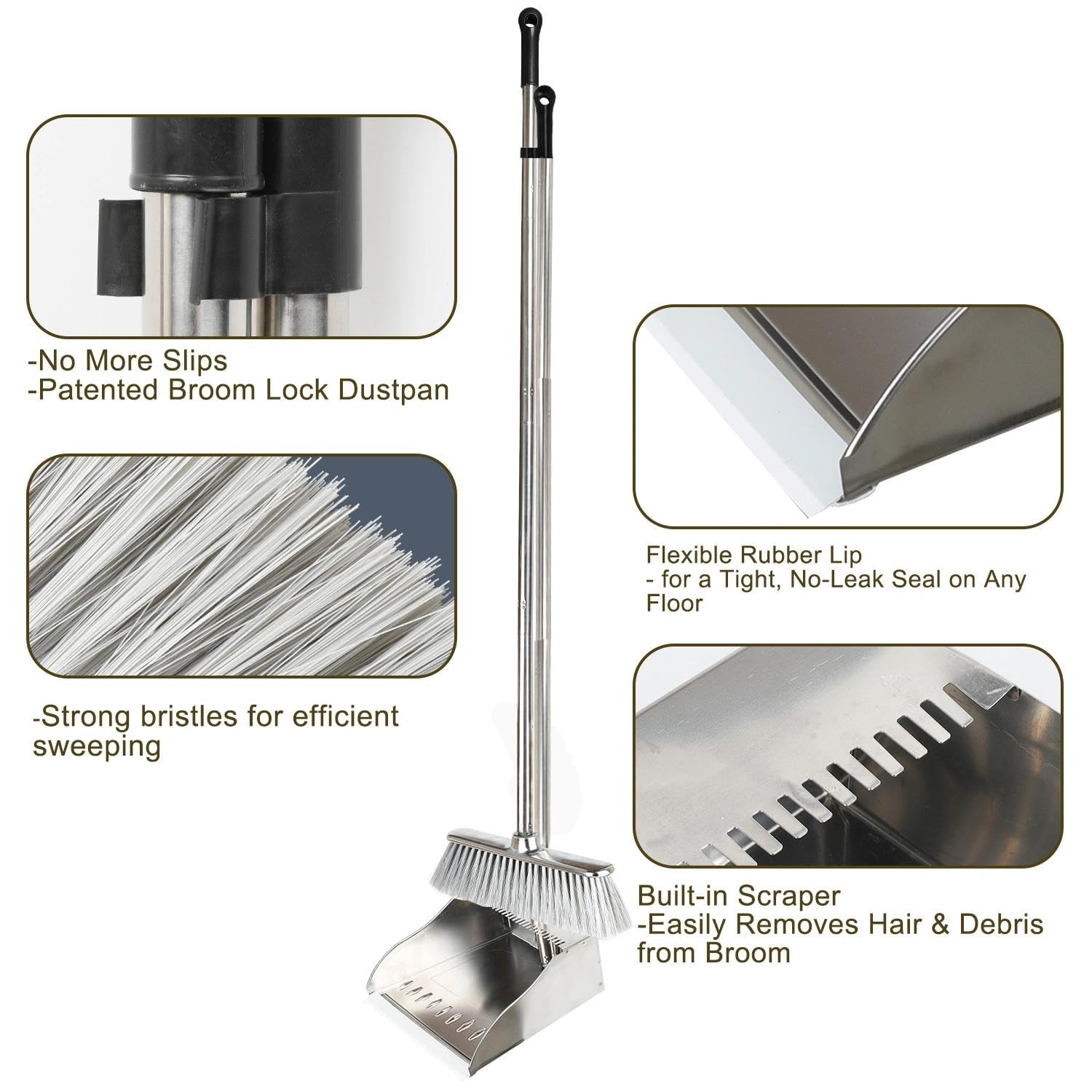 Metal Dustpan with Broom Set, Long Handle Stainless Steel Dustpan,Heavy Duty Standing Dust Pan with Teeth, Indoor Outdoor Up for Home Kitchen Lobby