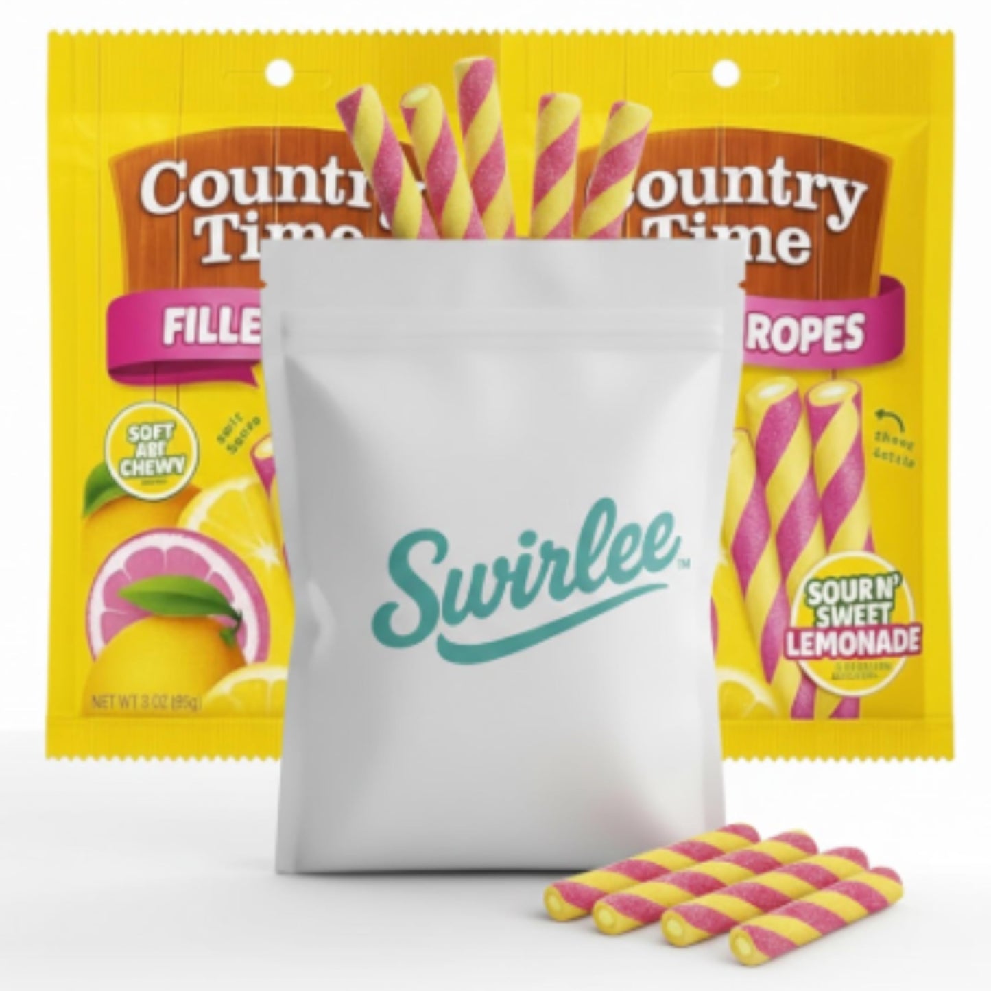 Country Time Sour N' Sweet Lemonade Gummy Candy Filled Ropes, Soft & Chewy, 3 oz, 2 Pack