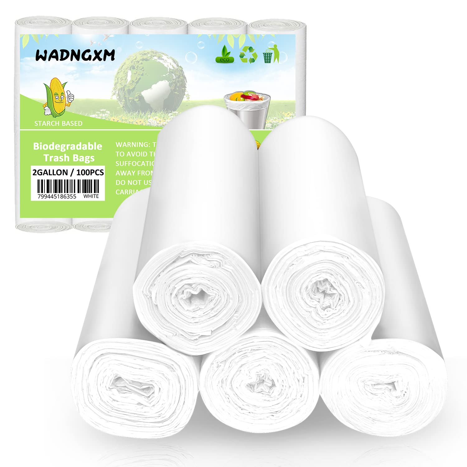 Biodegradable Bathroom Trash Bags 2 Gallon Garbage Bags, 100 Counts 7.5 Liters Wastebasket Trash Liners for Office Home, White