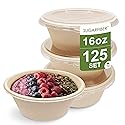 [125 SET]Sugarfiber by Harvest Pack 16oz PFAS FREE Round Paper Bowls with Flat Lids, Heavy-Duty Eco-Friendly Disposable Bagasse Bowls Sugarcane