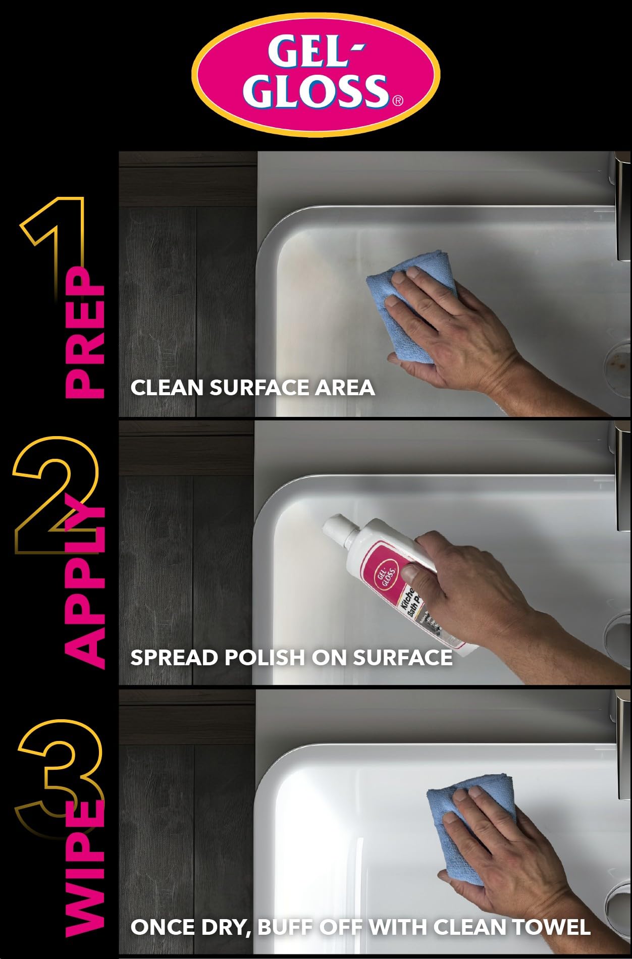 Gel-Gloss Home Kitchen & Bath Polish | Carnauba Cleaner Wax Formulation | Removes Water Spots, Light Scratches & Stains | Restores Color & Shine |
