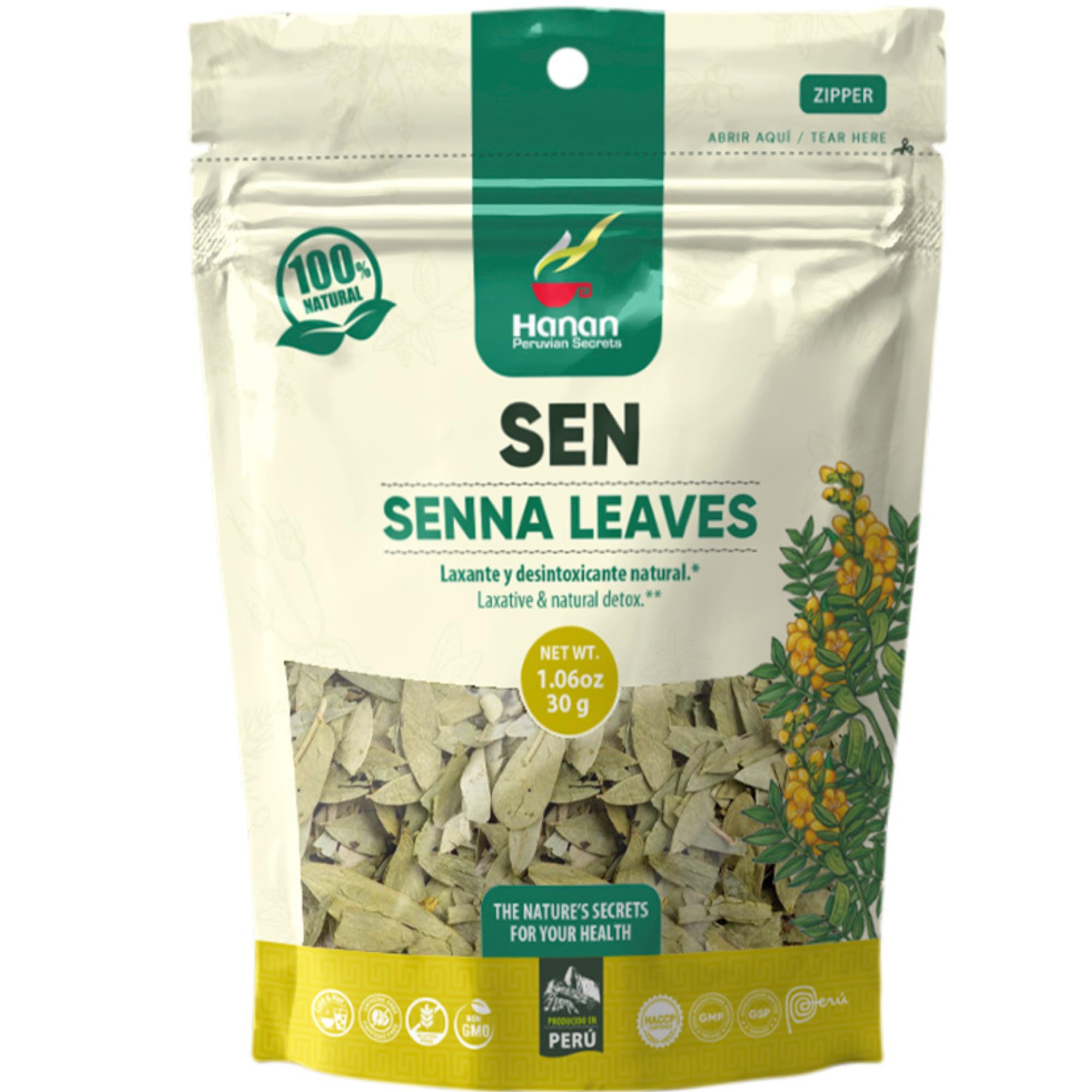 HANAN Senna Leaf Loose Herbal Tea 1.1oz - 30g Dried Herb Wooly Sen Plant Leaves From Peru - Senna Tea