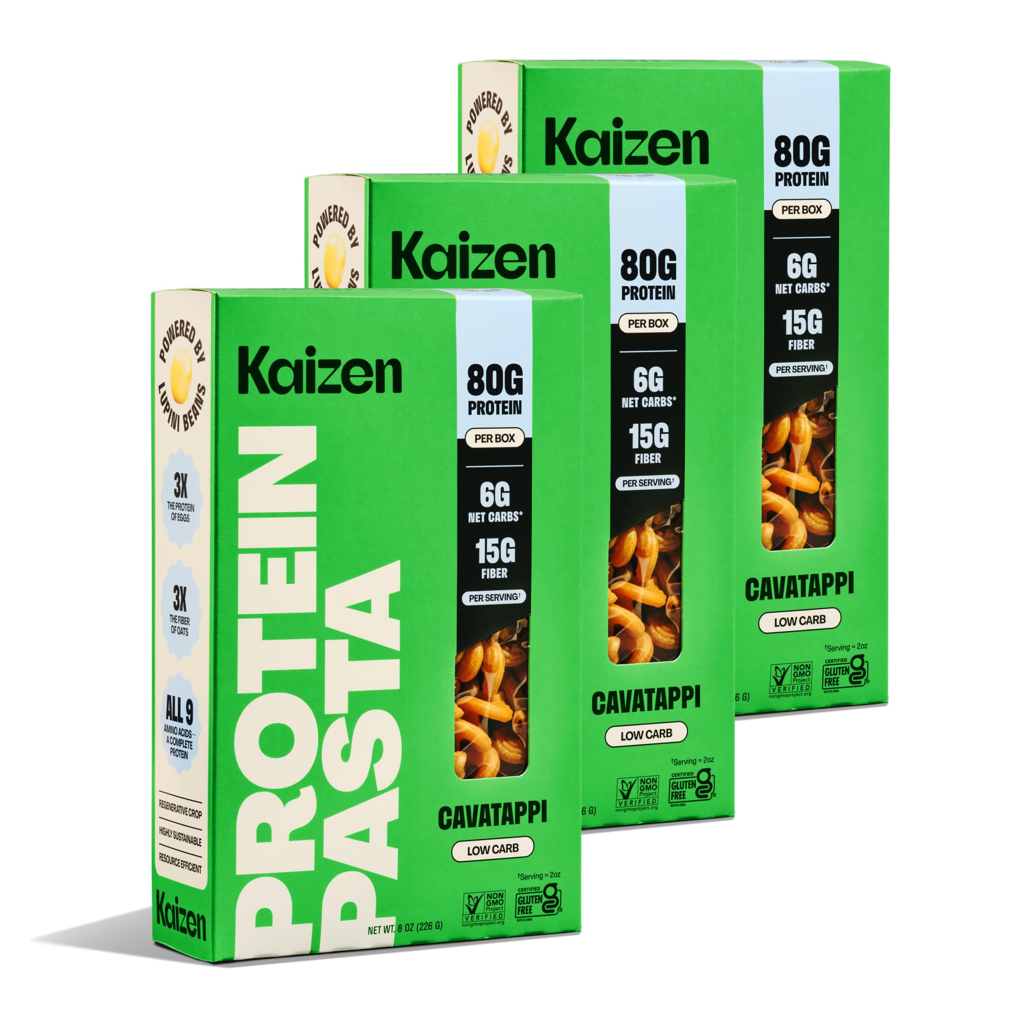 Kaizen Cavatappi Protein Pasta, 20g Protein, Low Carb (6g Net Carbs), Keto-Friendly, Gluten-Free, Plant-Based Lupini Noodles, High Fiber, 8 Ounce