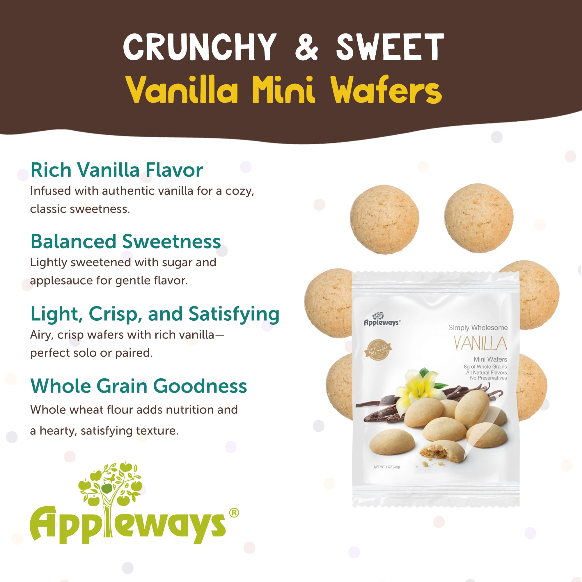 Appleways Mini Vanilla Wafers, 1 oz, 20 Count - Whole Grain Vanilla Wafer Cookies, Individually Wrapped Snacks for Kids & Adults, No Preservatives