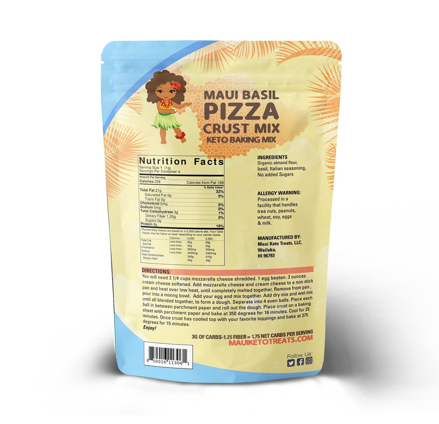 Maui Keto Treats Original Pizza Crust Mix - Gluten Free, Low Carb Prepared with Almond Flour, Sea Salt - 7.5 Oz (Basil Pizza Crust)