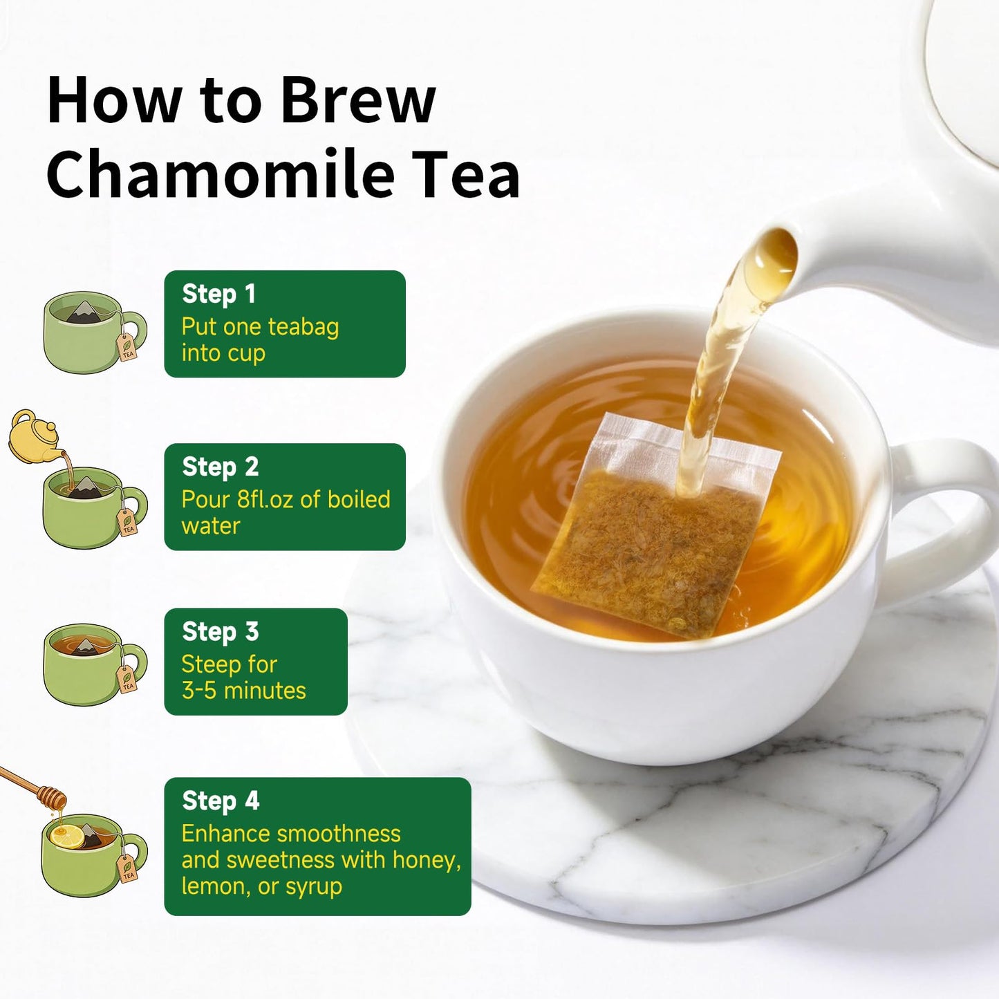 Chamomile Tea Bags, Natural Chamomile Flowers Herbal Tea, Non-GMO - Caffeine-Free, Enjoy Hot or Iced, 100 Teabags, 1.5g/bag (Chamomile Tea)