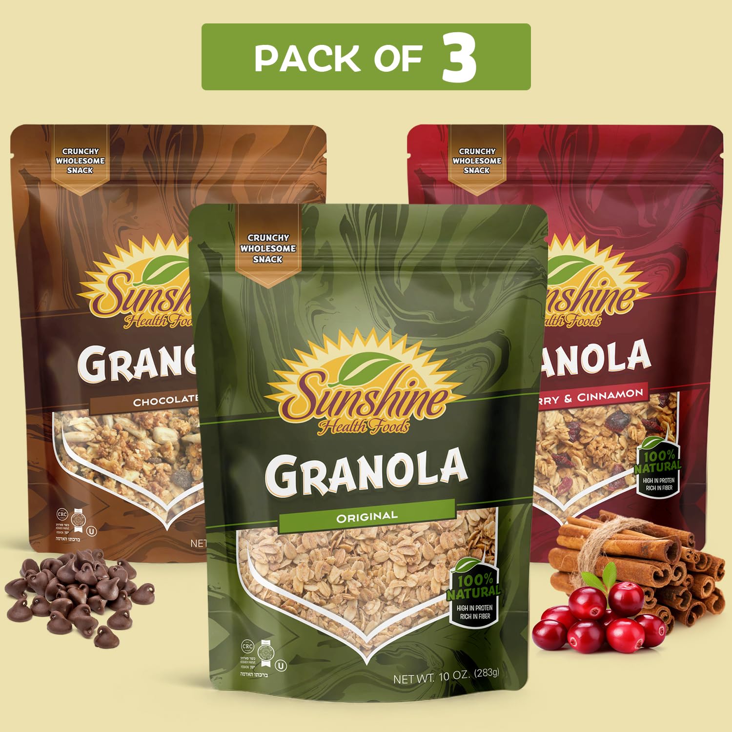 Granola Cereal Variety Pack, 3 Delicious Packs of Original, Cranberry & Cinnamon and Chocolate Healthy Granola 10oz Each, Perfect Granola for yogurt