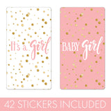 Pink and Gold It's a Girl Baby Shower Wrappers for Mini Chocolate Bars, Baby Shower Party Favor Candy Stickers - 42 Count