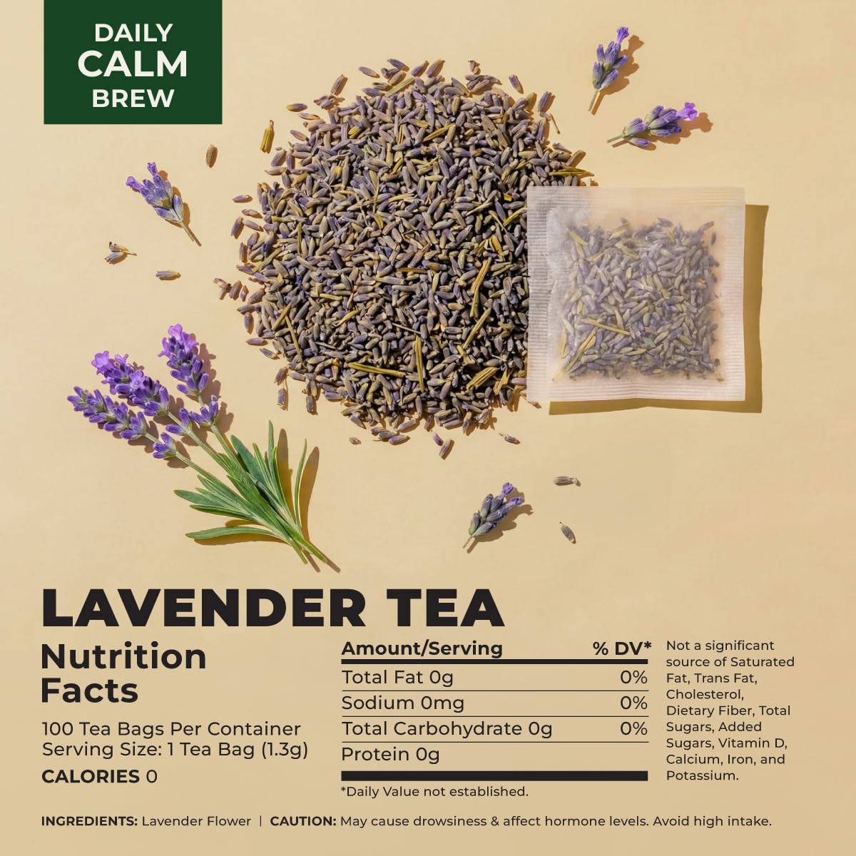 Gya Tea Co Lavender Herbal Tea Bags (100 Bags) - Caffeine Free Calming Pure Lavender Flowers For Relaxation & Wellness - Compostable, Resealable