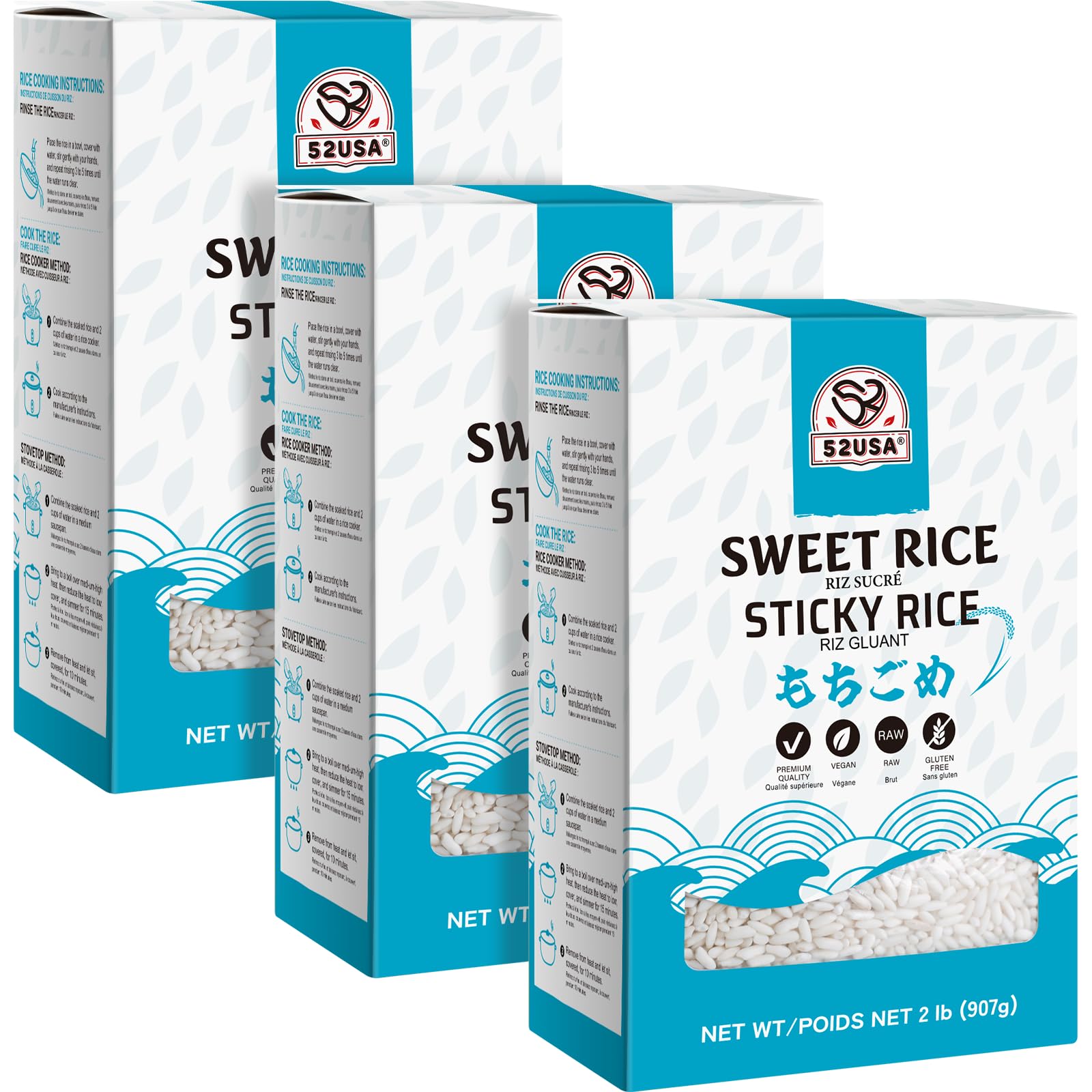 52USA Sweet Sticky Rice 2 Pound (Pack of 3), Premium Glutinous Rice 96 Ounce (2721g), Gluten-Free, Vegan, All Natural, White Rice, Rich in Fibers