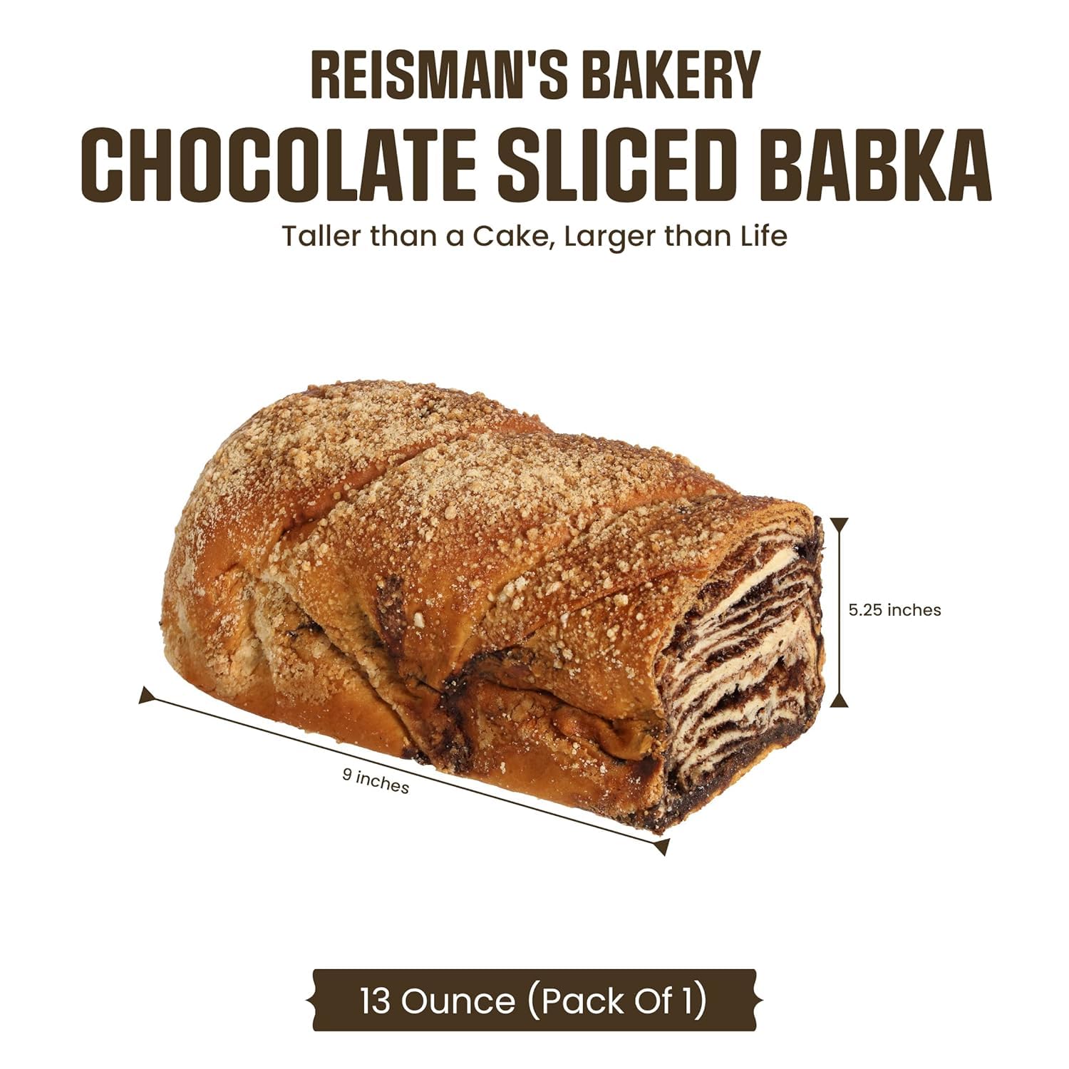 Reisman's Bakery Chocolate Babka Cake, Fresh Dessert, Nut-Free and Dairy-Free Chocolate Cake, OU Kosher-Certified Babka Bread, 1 lb, Pack of 1