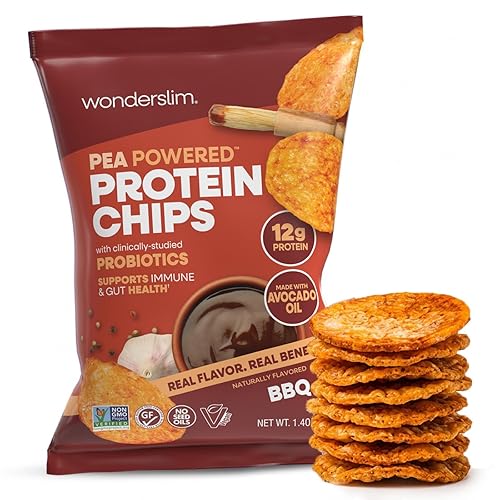 Wonderslim Protein Chips with Probiotics, BBQ | 12g Plant Protein, 170 Cal | High Protein Chips, Vegan, Gluten Free, Non-GMO | Made with Avocado Oil
