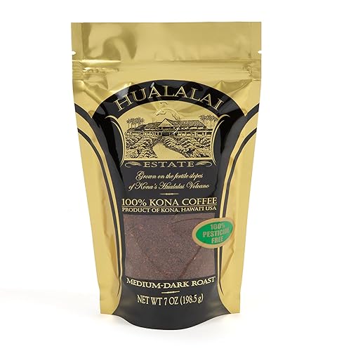 Hualalai Estate 100% Pure Kona Ground Coffee - Medium Dark Roasted Hawaiian Grown Beans - Pesticide-Free Gourmet Grade Premium Coffee (7 oz)