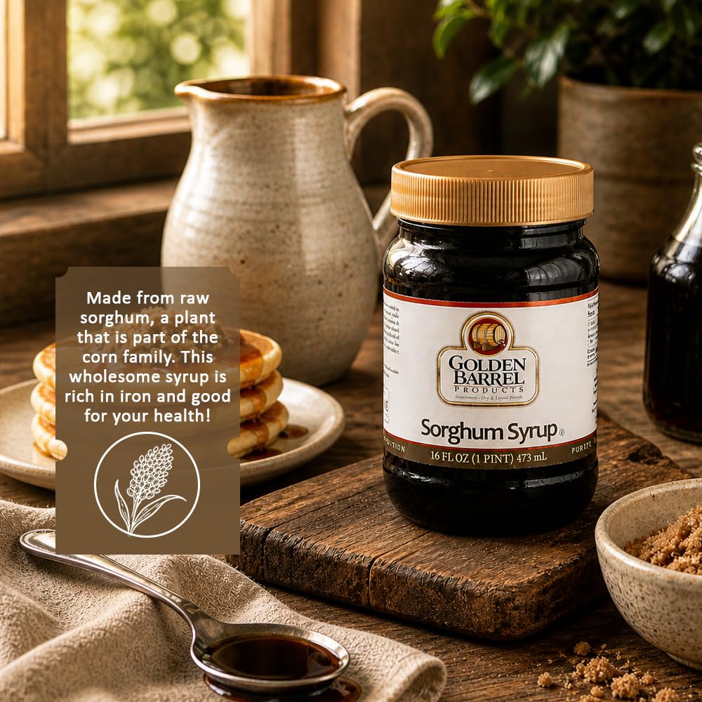 Golden Barrel Pure Sorghum Syrup - 16oz Jar of USA-Sourced Sweet Sorghum Syrup Rich in Iron - Natural Sweetener & Molasses Alternative for Pancakes, Oatmeal, Baking, Barbecue, & Cooking