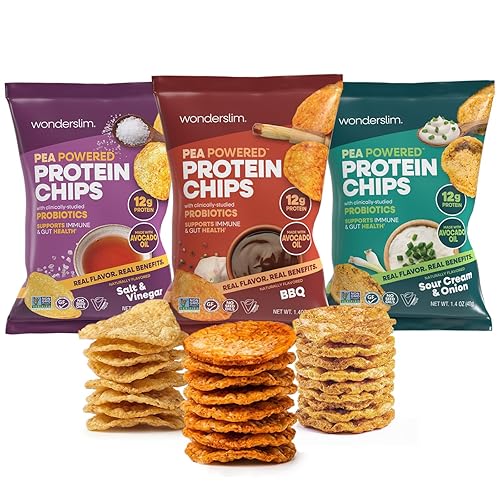 Wonderslim Protein Chips with Probiotics, Variety Pack | 12g Plant Protein, 170 Cal | High Protein Chips, Vegan, Gluten Free, Non-GMO | Made