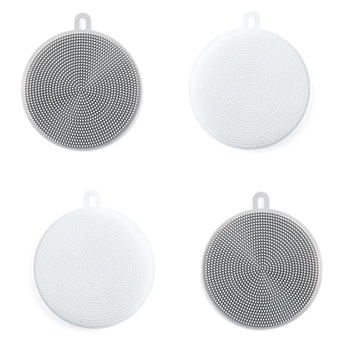 4PCS Silicone Dish Scrubber, Multipurpose Round Silicone Sponges Reusable Dish Brush Dish Brush for Kitchen Dish Dishes Fruits Vegetables(Gray+White)