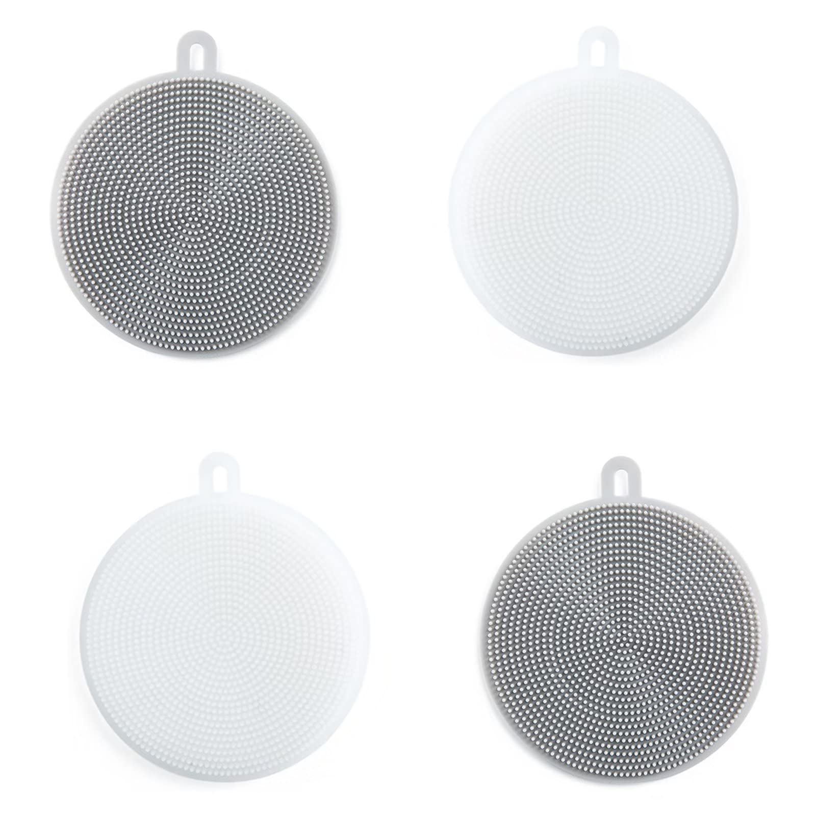 4PCS Silicone Dish Scrubber, Multipurpose Round Silicone Sponges Reusable Dish Brush Dish Brush for Kitchen Dish Dishes Fruits Vegetables(Gray+White)