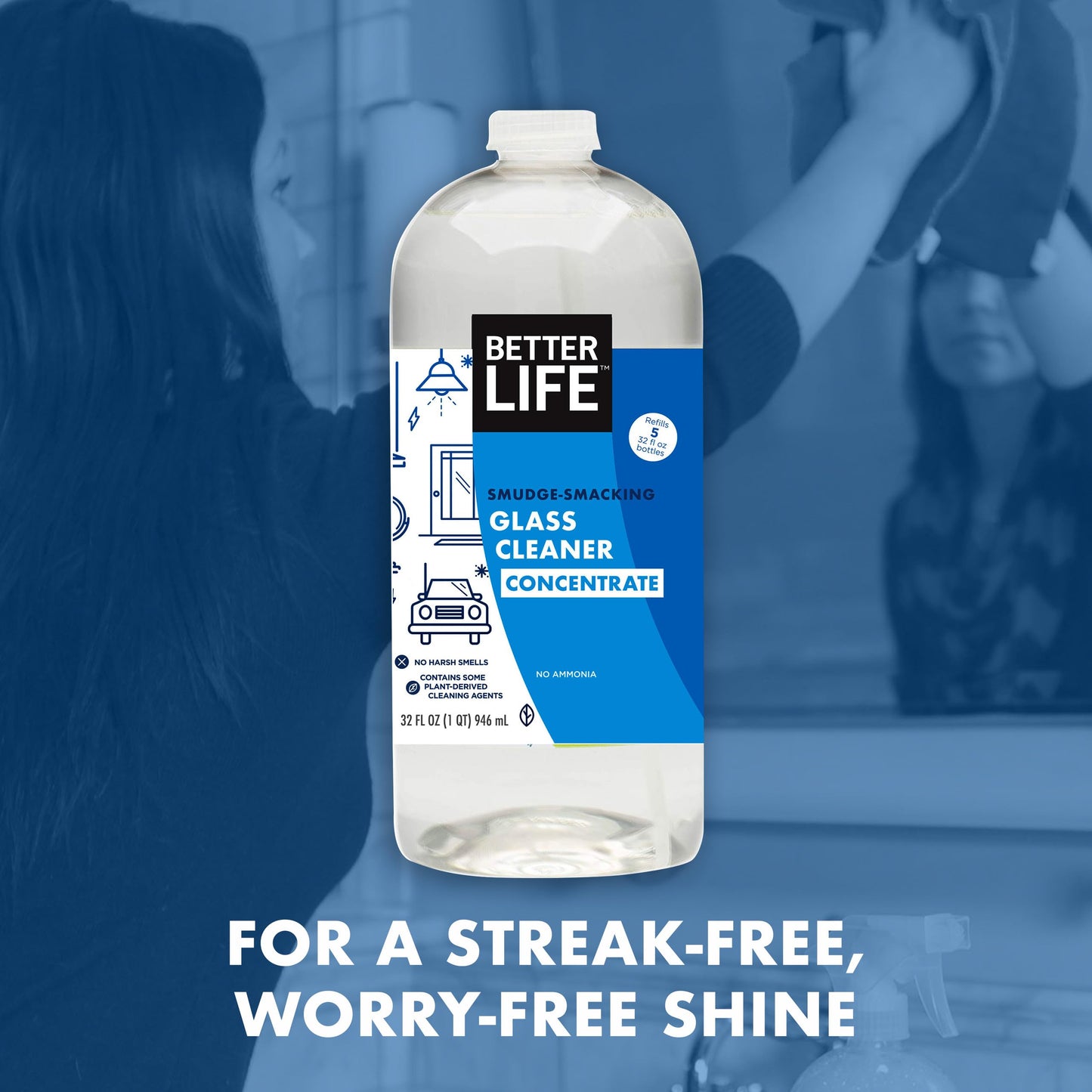 BETTER LIFE Glass Cleaner Concentrate - Streak-Free Window Cleaner for Home, Kitchen, Bathroom, Shower, Car - Works on Glass, Windows, Mirrors, Light