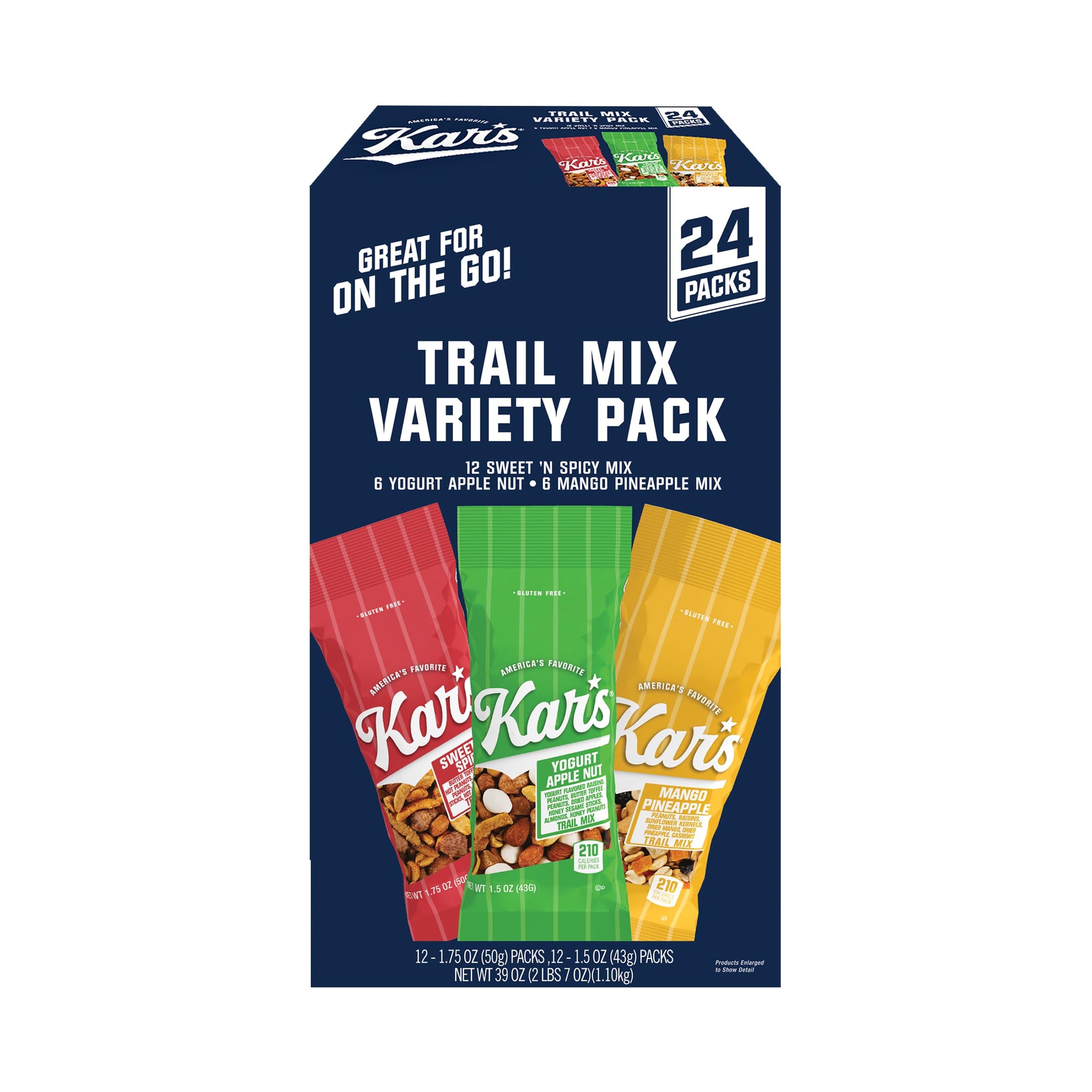 Kar’s Nuts Variety Pack Trail Mix Snacks -Yogurt Apple Nut, Mango Pineapple Mix, Sweet ‘N Spicy - Grab & Go Bags, Individual Snack Packs (Pack of 24)