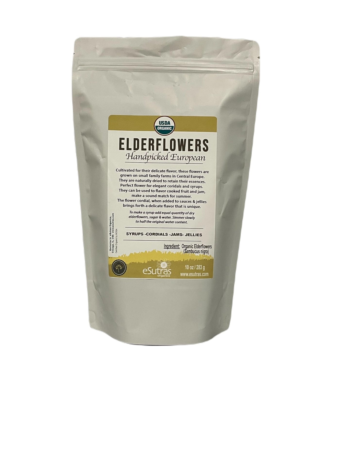 Elderflowers Organic Sambucus nigra European Elder flower Make Tasty Cordial Elderflower Syrup Wine or Elder flower Tea, Resealable Bag 10 oz