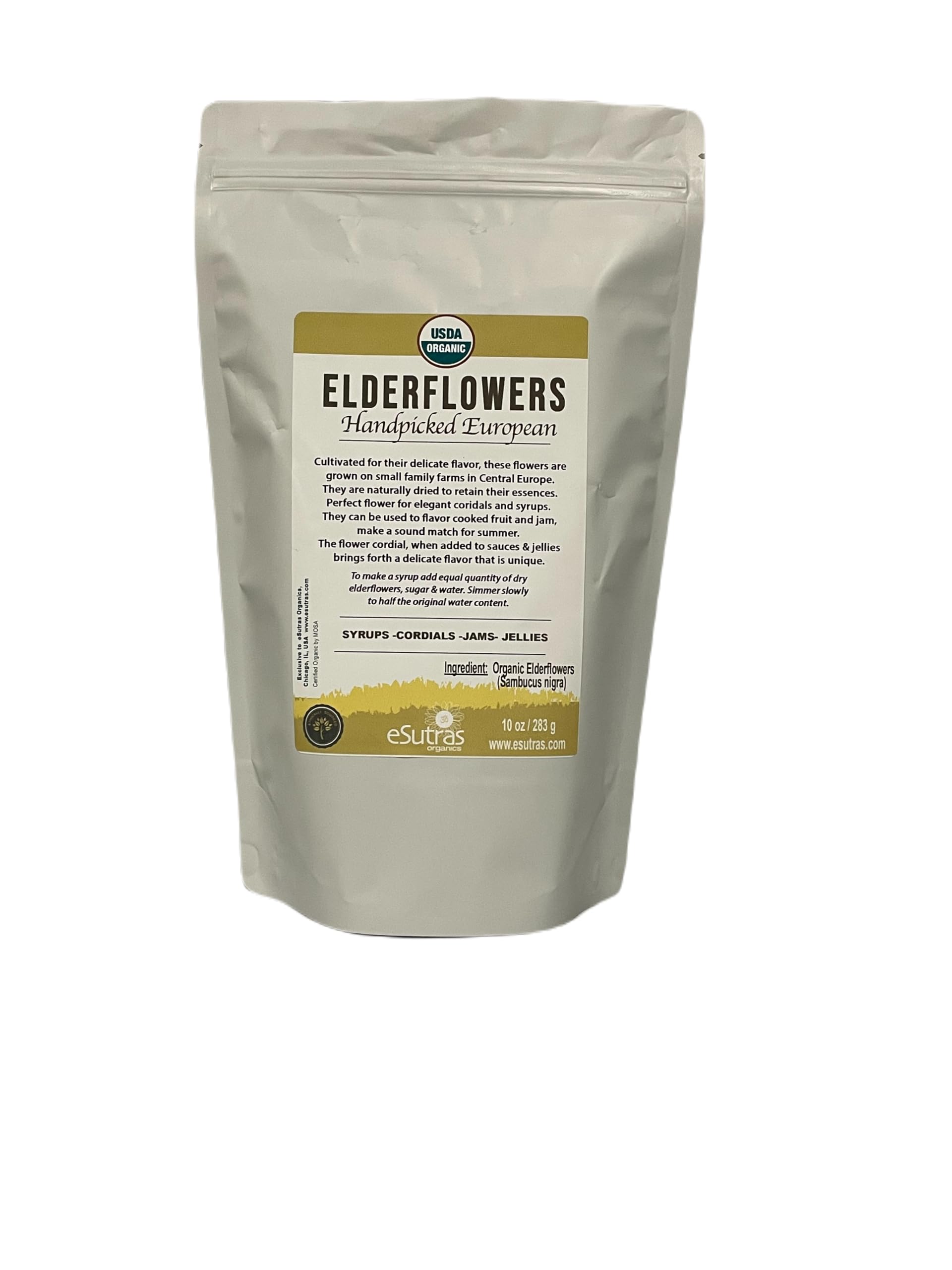 Elderflowers Organic Sambucus nigra European Elder flower Make Tasty Cordial Elderflower Syrup Wine or Elder flower Tea, Resealable Bag 10 oz
