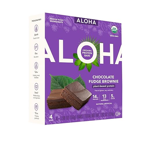 ALOHA Organic Plant Based Protein Bars 4-Pack - Chocolate Fudge Brownie - 1.98oz Bars - Vegan, Low Sugar, Gluten-Free, Paleo, Low Carb, Non-GMO