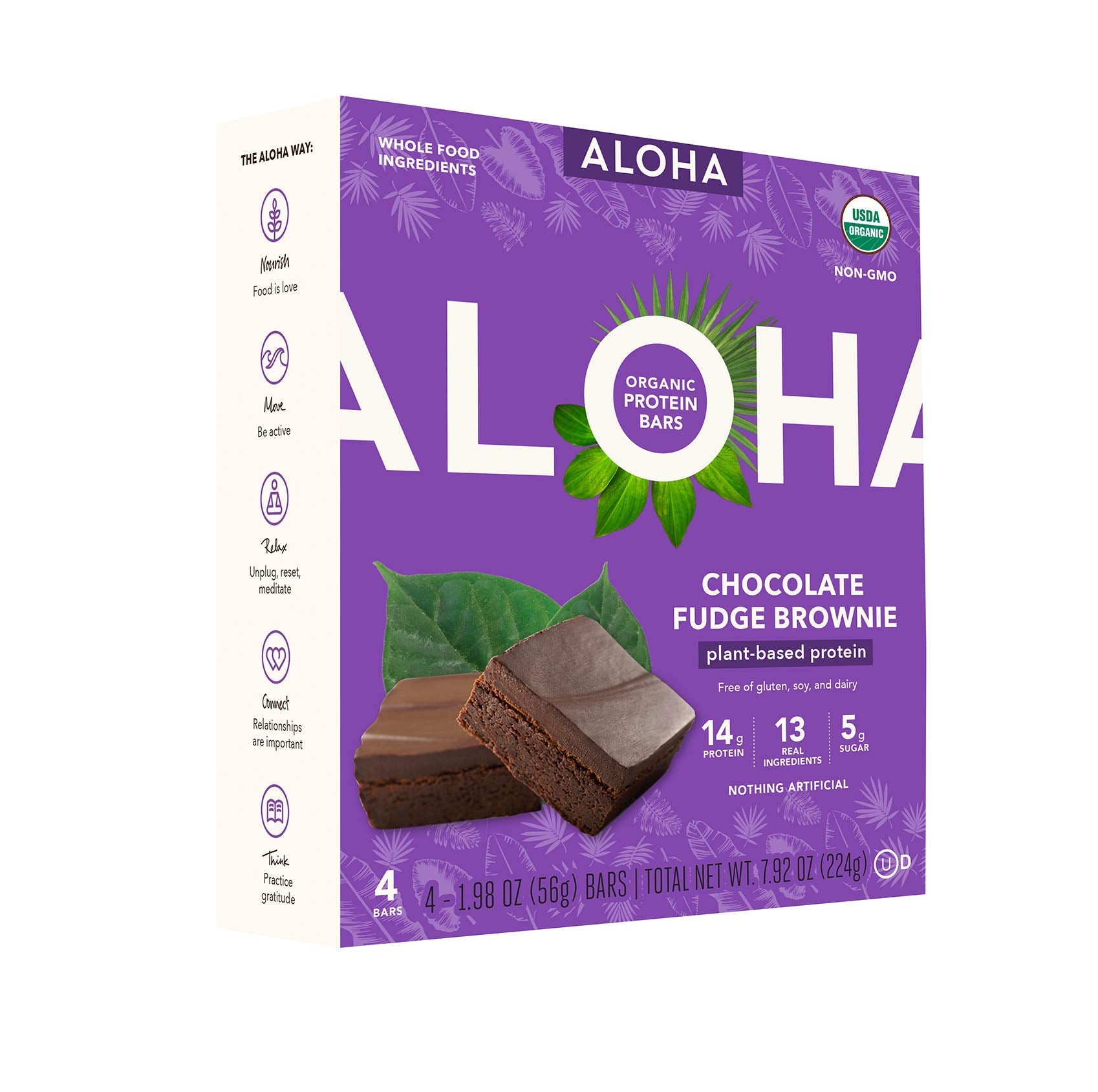 ALOHA Organic Plant Based Protein Bars 4-Pack - Chocolate Fudge Brownie - 1.98oz Bars - Vegan, Low Sugar, Gluten-Free, Paleo, Low Carb, Non-GMO