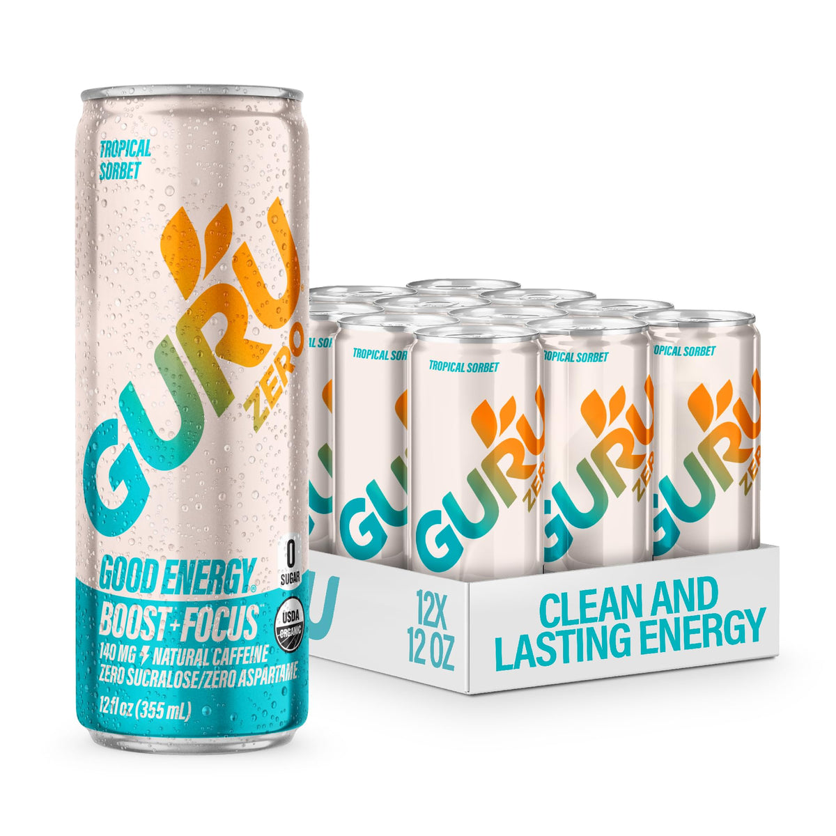 GURU Zero Sugar Energy Drink, Tropical Sorbet, 12 Fl Oz, 12 Pack
