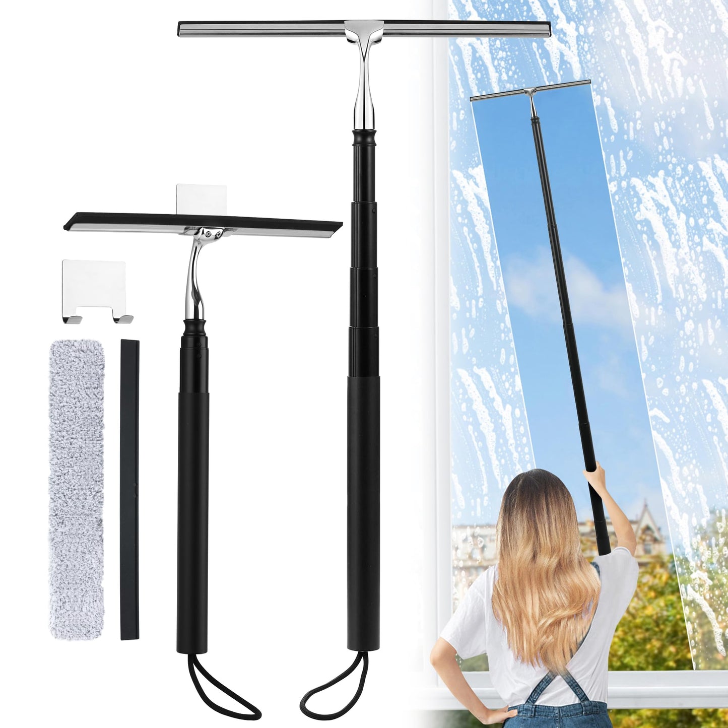 Toncoke 2 in 1 Window Squeegee, Shower Squeegee Window Cleaning Kit with Extension Pole Long Handle Squeegee for Shower Glass Floor Bathroom Home