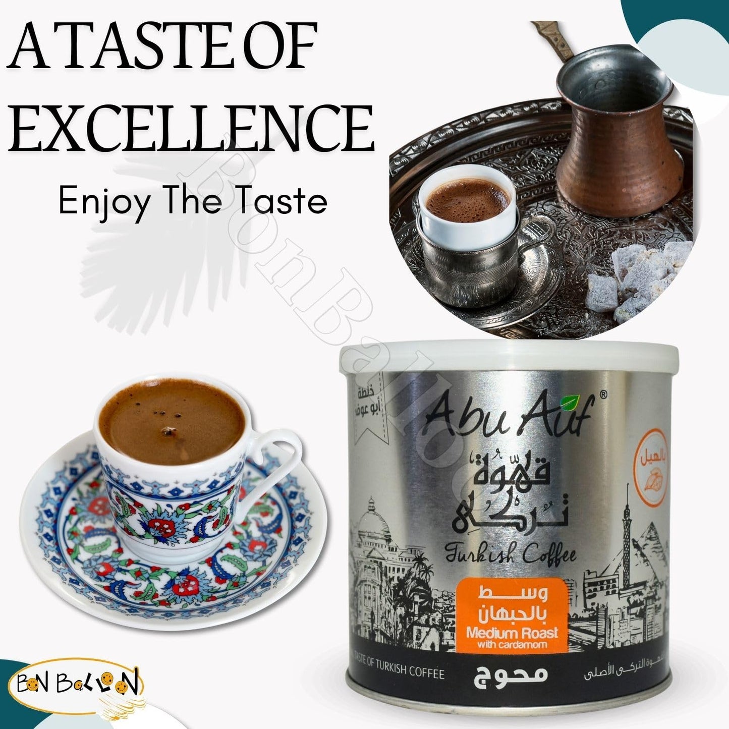 Abu Auf AbuAuf Oriental Original Turkish Coffee Cafe Arabian Arabic Arabica Ground Roasted Mud Coffee Medium Roast Blend (Medium Roast With Cardamom