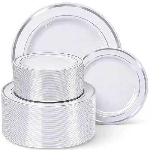 HOME BREEZE 120PCS Silver Plastic Plates, Heavy Duty White and Silver Disposable Party Plates, 60 Dinner Plates and 60 Dessert Plates, Plastic Plates
