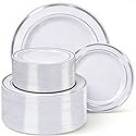 HOME BREEZE 120PCS Silver Plastic Plates, Heavy Duty White and Silver Disposable Party Plates, 60 Dinner Plates and 60 Dessert Plates, Plastic Plates