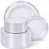 HOME BREEZE 120PCS Silver Plastic Plates, Heavy Duty White and Silver Disposable Party Plates, 60 Dinner Plates and 60 Dessert Plates, Plastic Plates