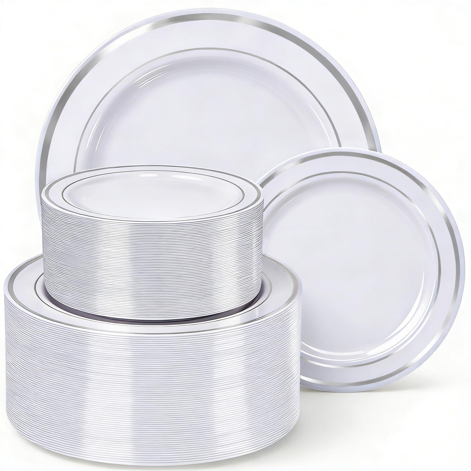 HOME BREEZE 120PCS Silver Plastic Plates, Heavy Duty White and Silver Disposable Party Plates, 60 Dinner Plates and 60 Dessert Plates, Plastic Plates