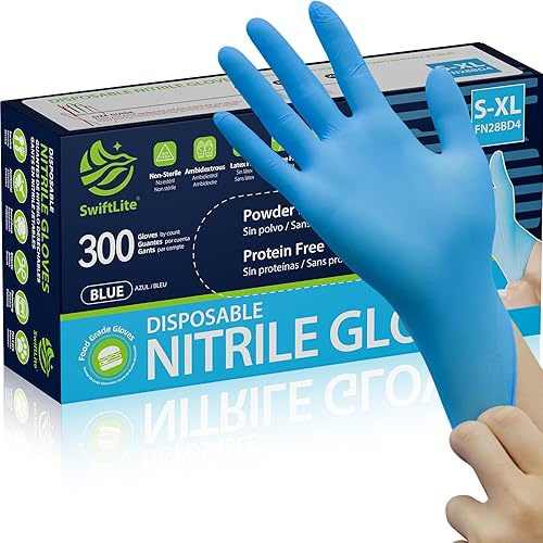 SWIFTLITE Nitrile Gloves, Food Safe Disposable Gloves Latex Free, Blue Rubber Gloves Powder Free for Food Prep, Cooking, Kitchen Cleaning (Large, 300)