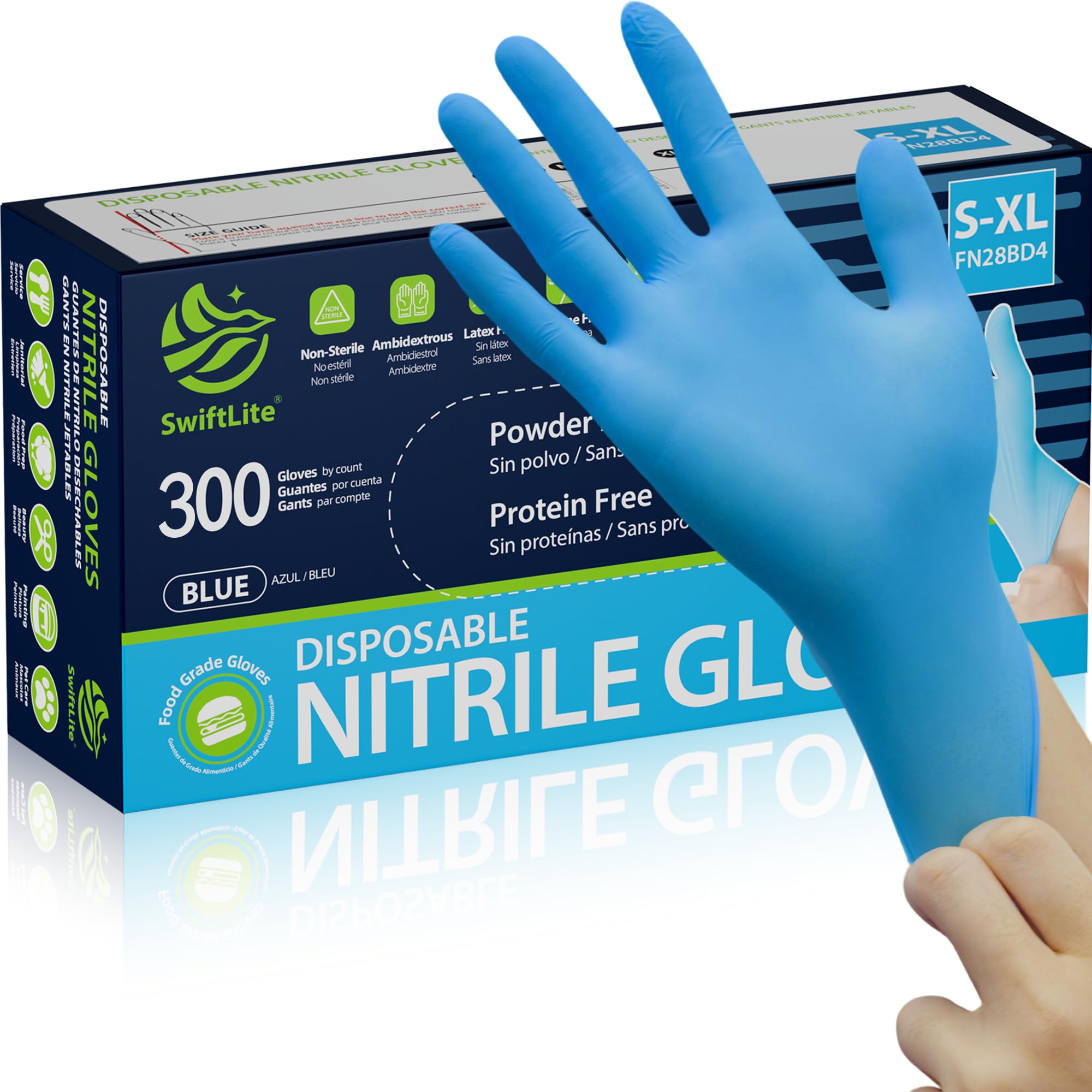 SWIFTLITE Nitrile Gloves, Food Safe Disposable Gloves Latex Free, Blue Rubber Gloves Powder Free for Food Prep, Cooking, Kitchen Cleaning (Large, 300)