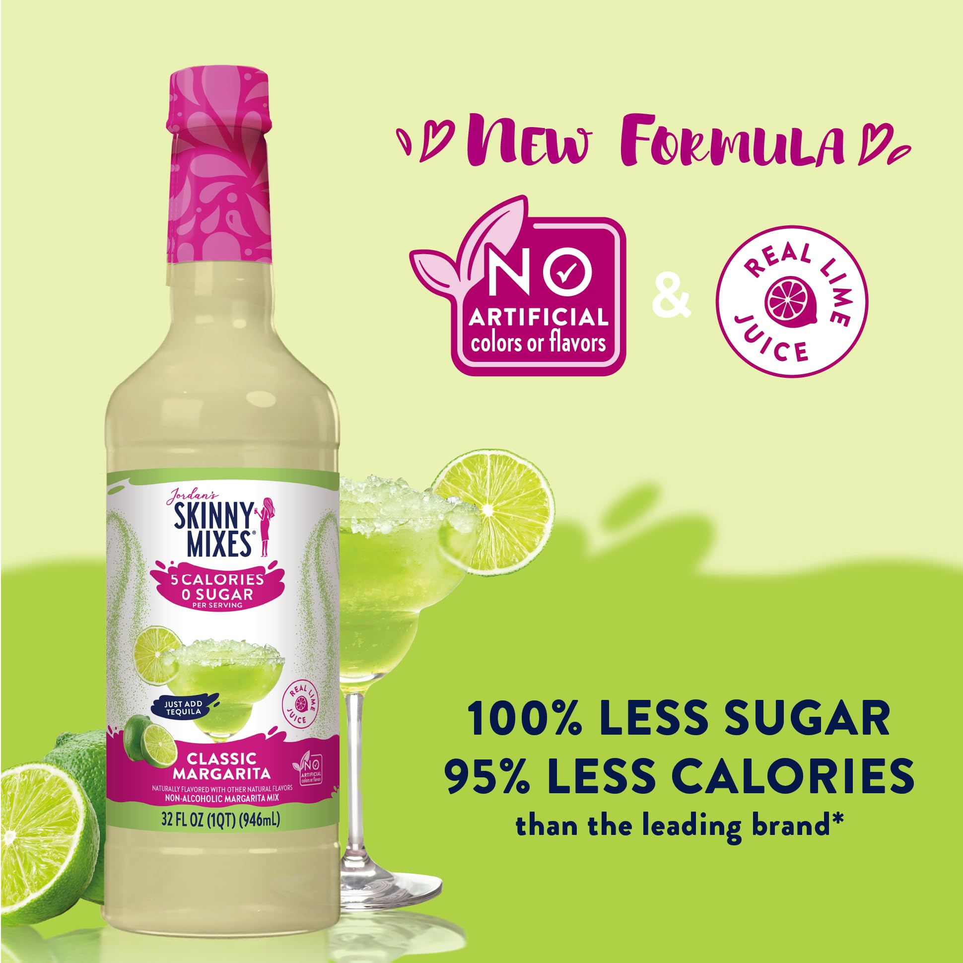 Jordan's Skinny Mixes Sugar Free Margarita Mix, Flavored Cocktail Mixer for Drinks, Fresh Lime Drink Flavoring for Cocktails & Mocktails, Low Calorie