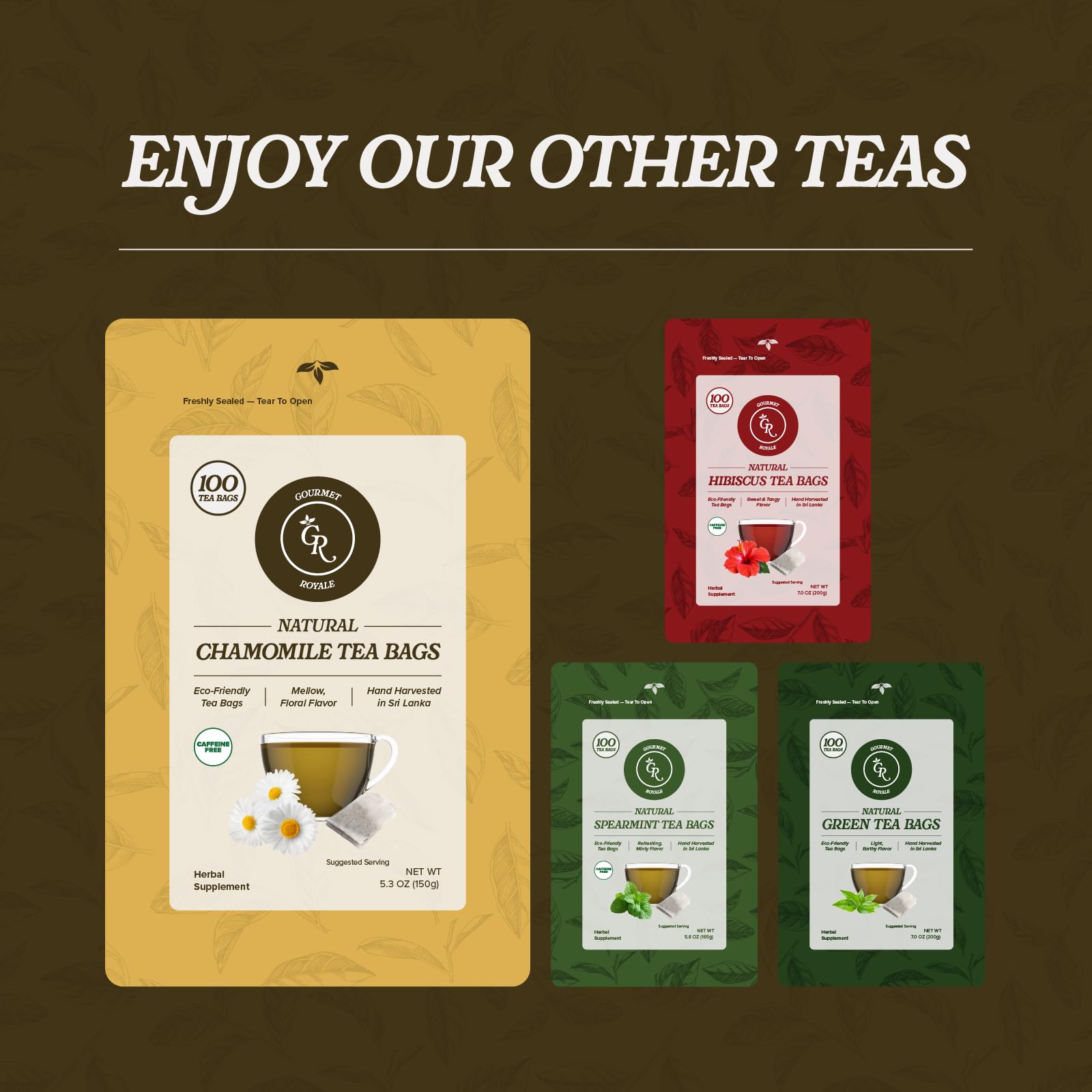 Gourmet Royale Chamomile Tea, 100 Count, Sustainable Tea Bags, Caffeine & Sugar Free, Premium Chamomile from Sri Lanka, Resealable Bag, Pure