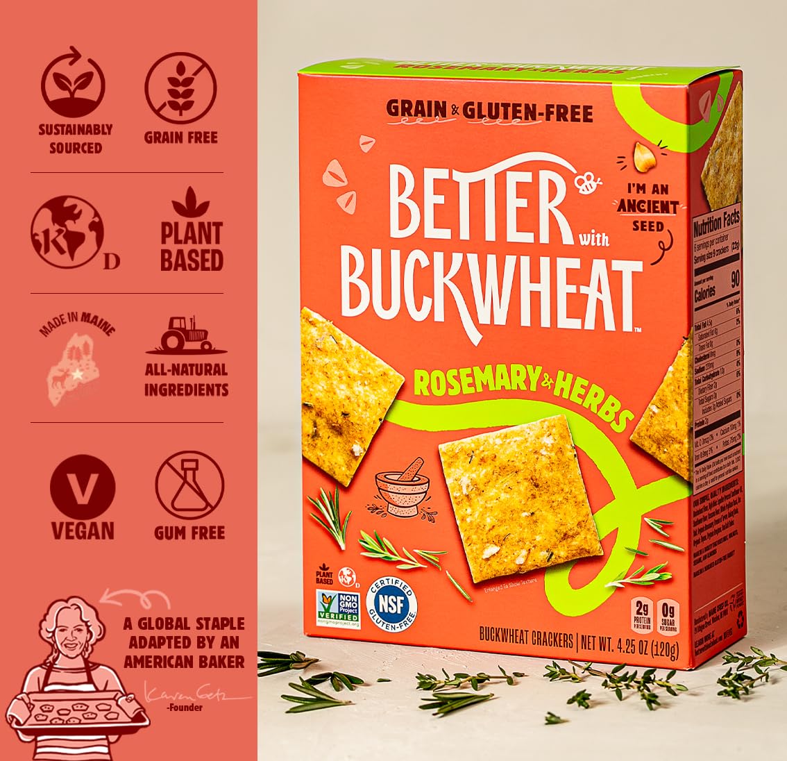 Better with Buckwheat Rosemary & Herbs Gluten-Free Crackers - Healthy Snack Crackers, Grain-Free, Non-GMO, Sugar-Free - 1 Pack