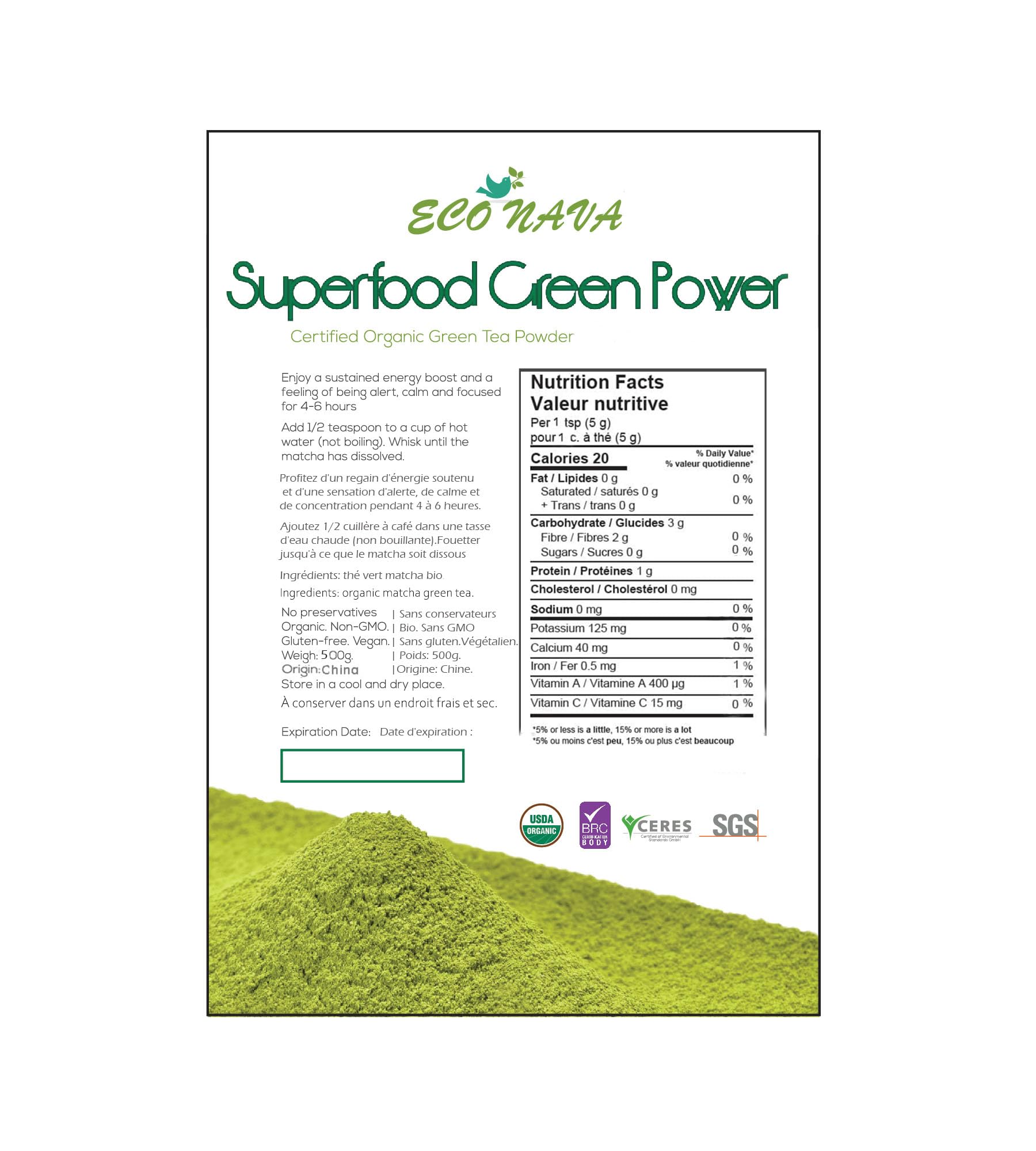 Organic 100% Natural Japanese Matcha Green Tea Powder 500g Bag (1, 500g)