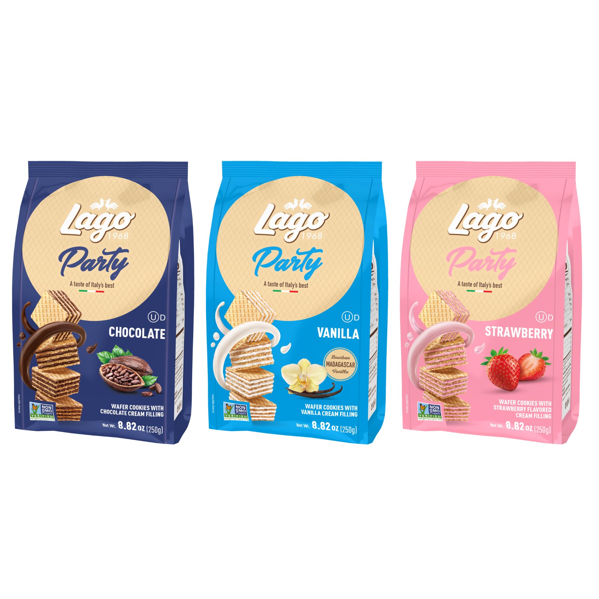 Gastone Lago Party Variety Wafers, 8.82 oz (3-Pack) - Italian Crispy Wafer Cookies with Chocolate, Vanilla & Strawberry Cream Filling, Light & Crunchy
