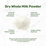 Dry Whole Milk Powder, 3lbs - Natural Pasture Raised Source - Made in USA - Powdered Milk for Baking & Cooking - 9g Protein Per Serving - Non-GMO, Filler Free
