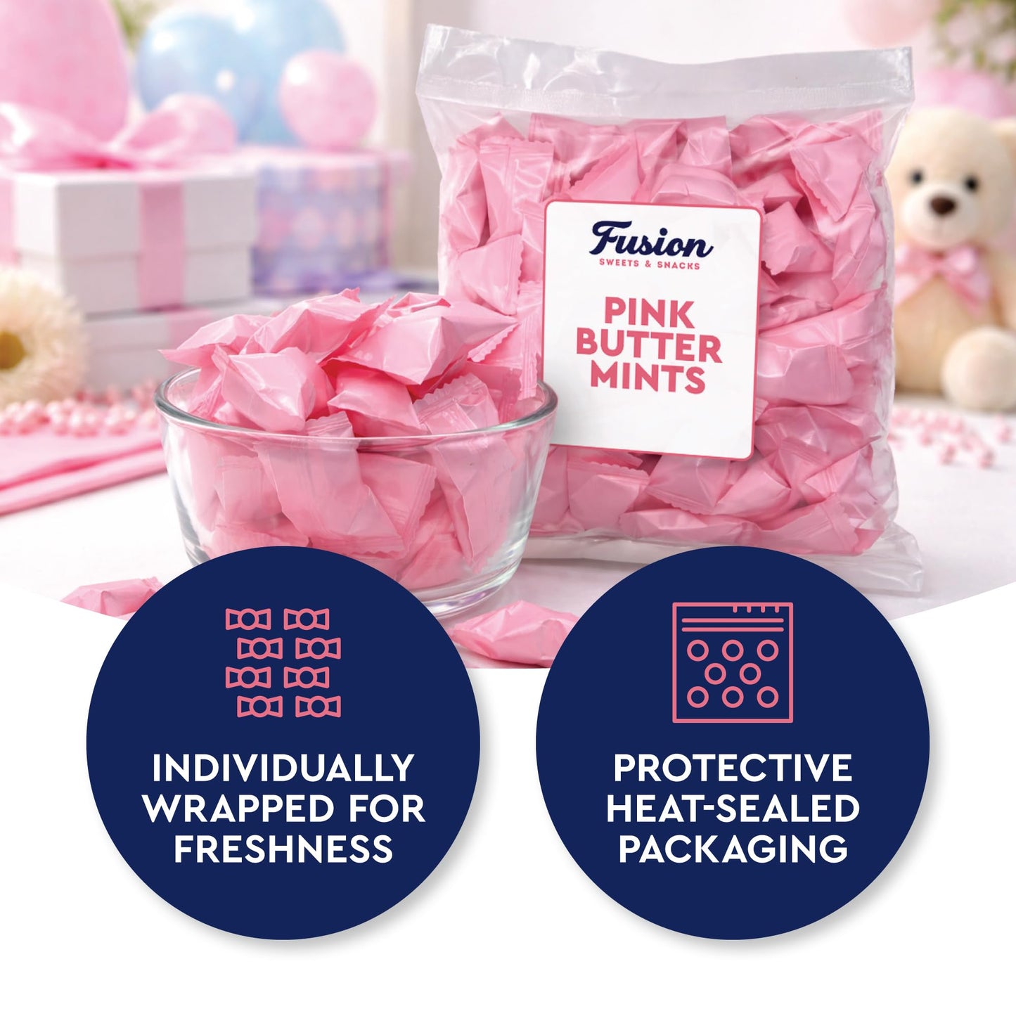 Pink Buttermints - 100 Count - Pink Candy For Baby Shower - Baby Shower Candy - Perfect For Gender Reveal Parties, Hospital Goodie Bags, Welcome Baby