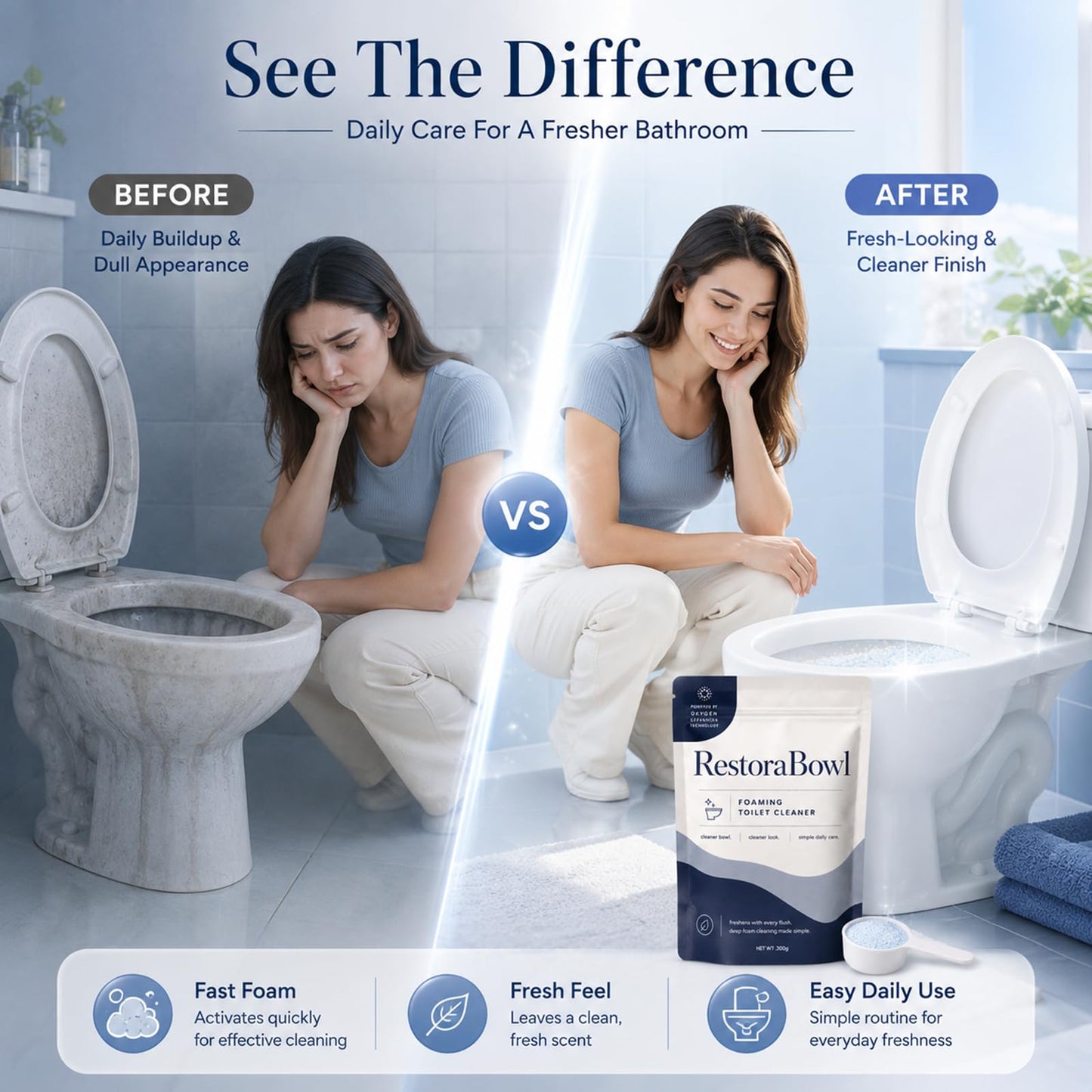 Restorabowl Foaming Cleaning Powder, Fresh Scent Daily Care Powder, Fast Dissolving Formula for Everyday Freshness, Easy Flush Use, 300g