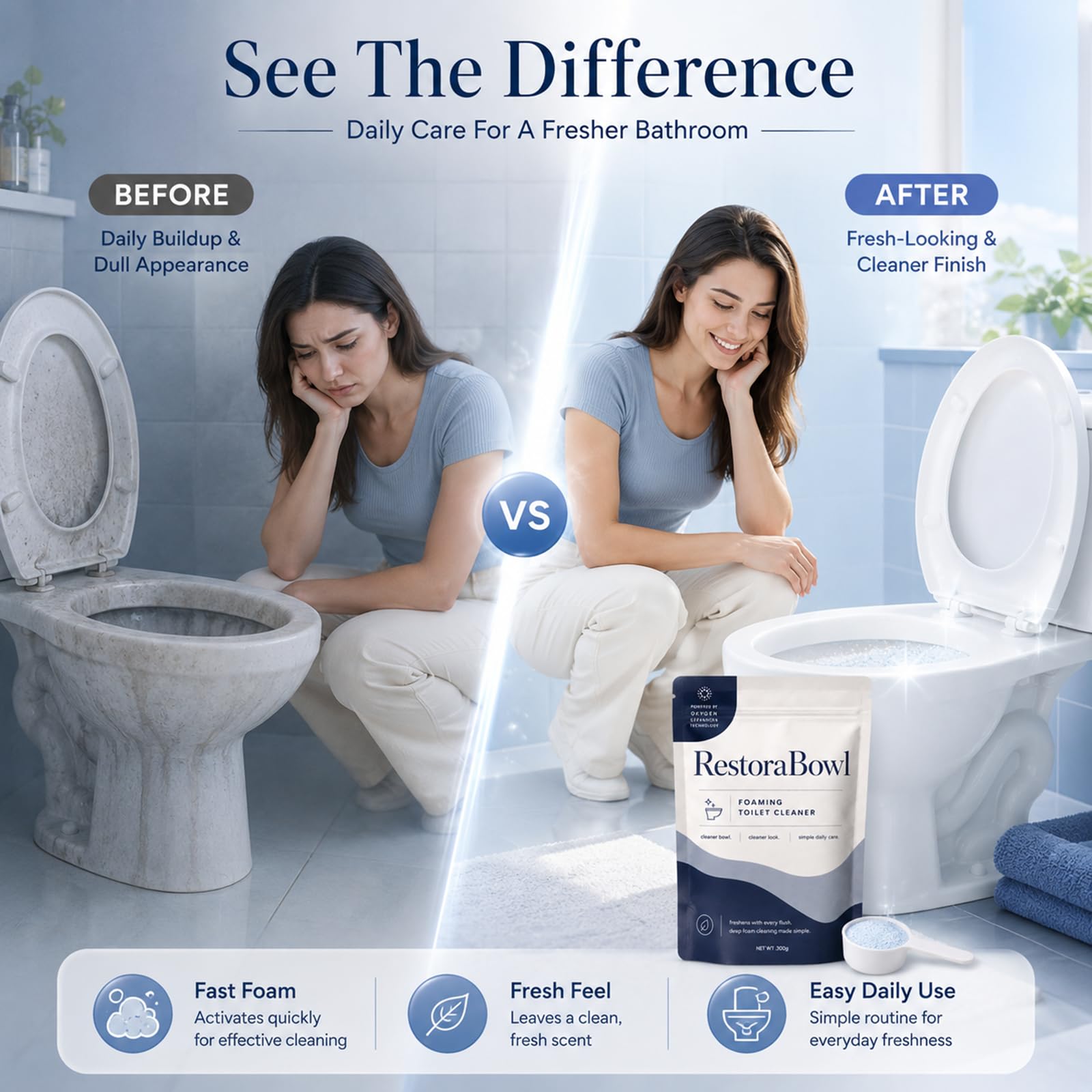 Restorabowl Foaming Cleaning Powder, Fresh Scent Daily Care Powder, Fast Dissolving Formula for Everyday Freshness, Easy Flush Use, 300g