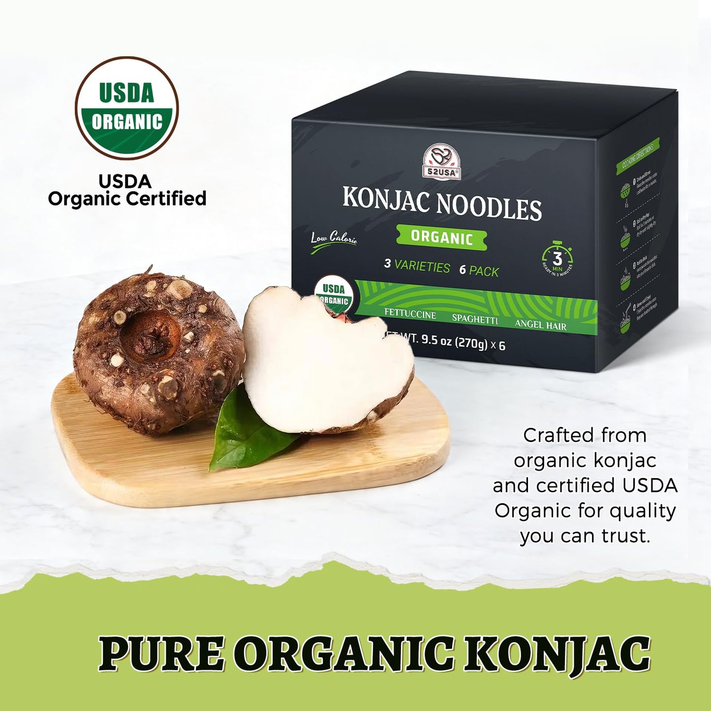 52USA USDA Organic Konjac Shirataki Noodle, Low Carb Pasta 52.8 Oz, 6 Pack 3 Variety-Angel Hair, Fettuccine, Spaghetti Noodles, Keto and Paleo